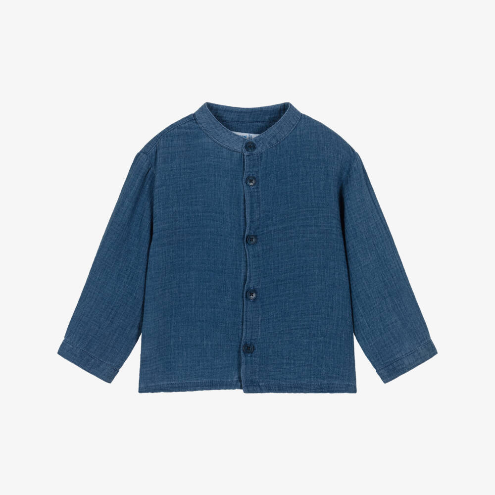 Mayoral-Boys Blue Cotton Collarless Shirt | Childrensalon