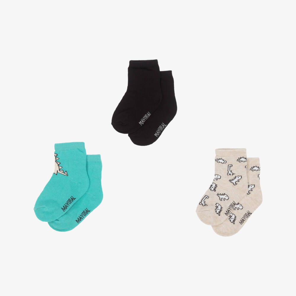 Mayoral-Boys Blue Cotton Dinosaur Socks (3 Pack) | Childrensalon