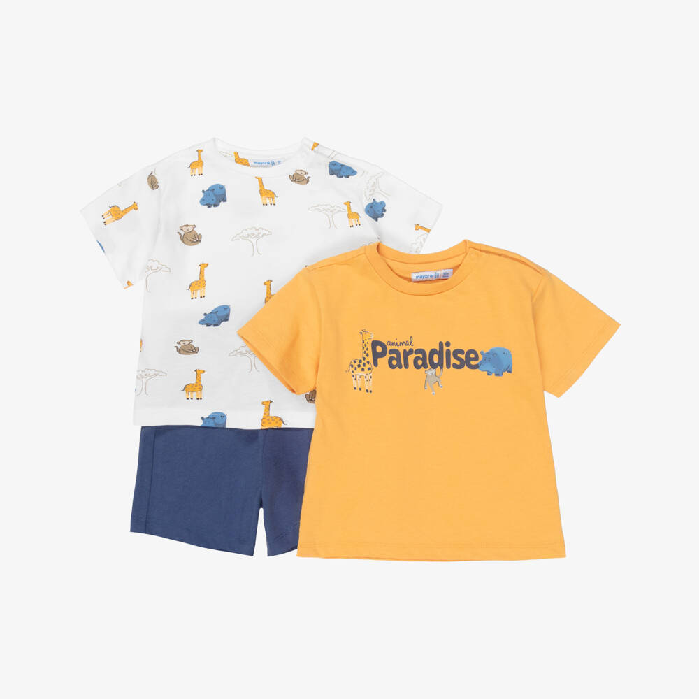 Mayoral-Boys Blue Cotton Jersey Shorts Set with Animals Print | Childrensalon