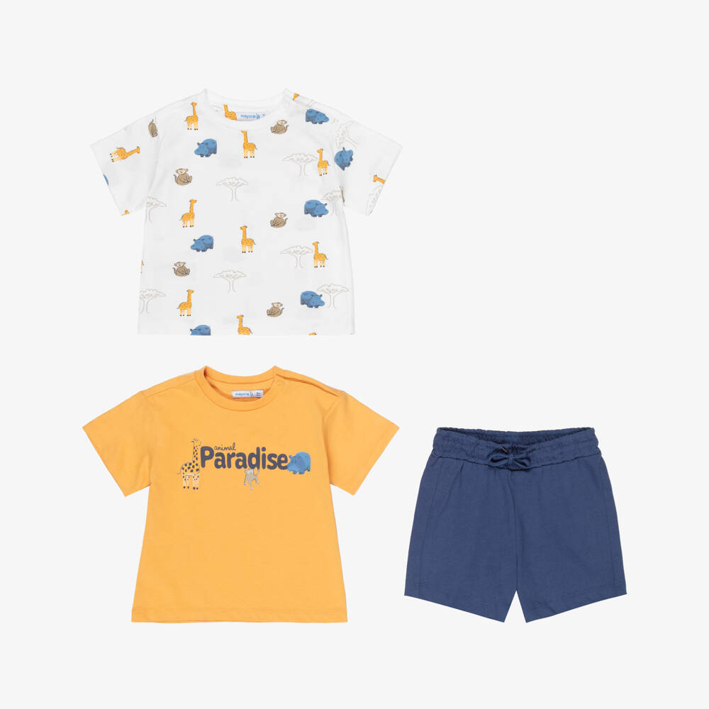 Mayoral-Boys Blue Cotton Jersey Shorts Set with Animals Print | Childrensalon
