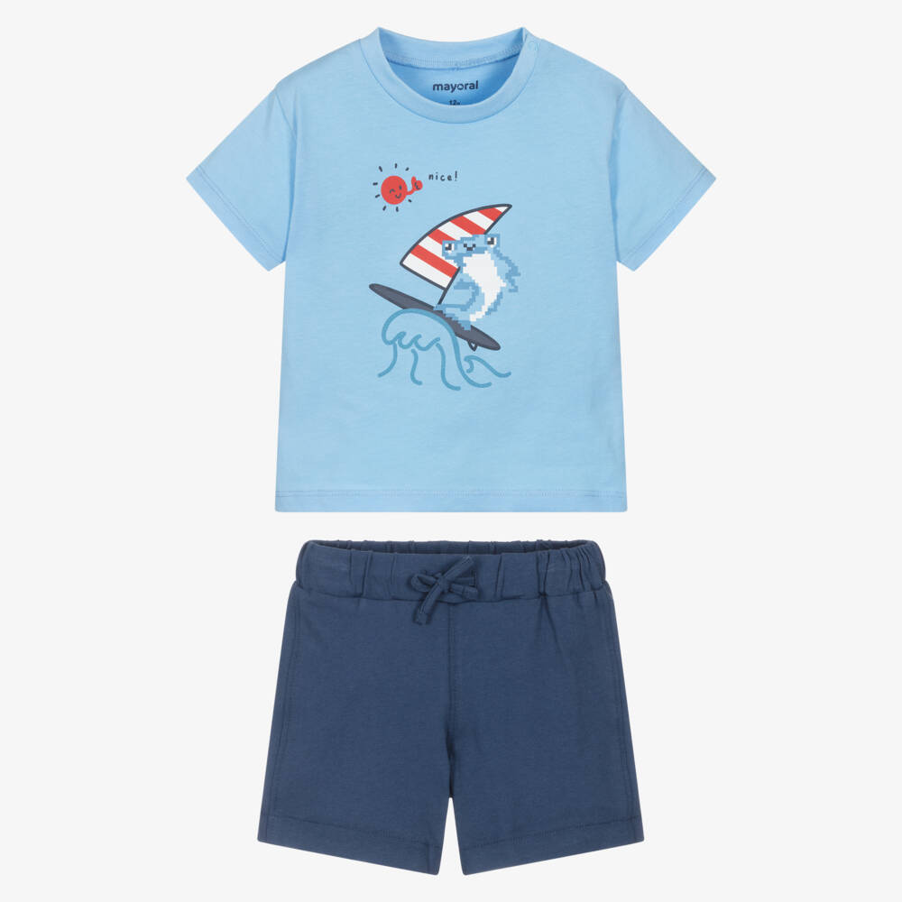 Mayoral-Boys Blue Cotton Shorts Set with Surf Boarding Shark | Childrensalon