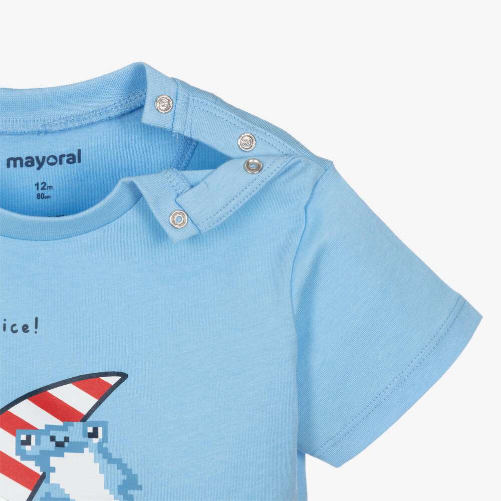 Mayoral-Boys Blue Cotton Shorts Set with Surf Boarding Shark | Childrensalon