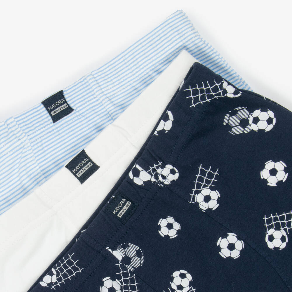 Mayoral-Boys Blue Cotton Stripe & Football Boxer Shorts (3 Pack) | Childrensalon
