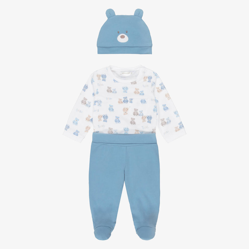 Mayoral Newborn-Boys Blue Cotton Teddy Bear Babysuit Set | Childrensalon