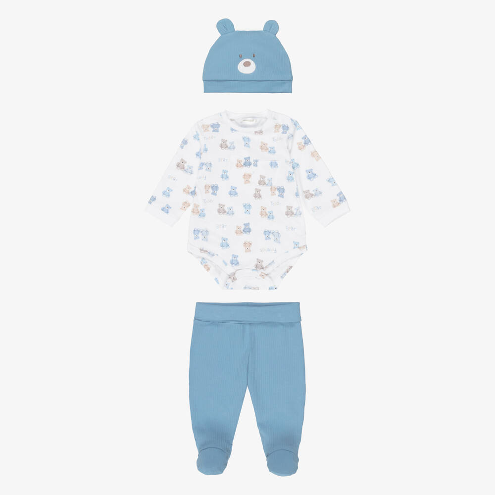 Mayoral Newborn-Boys Blue Cotton Teddy Bear Babysuit Set | Childrensalon