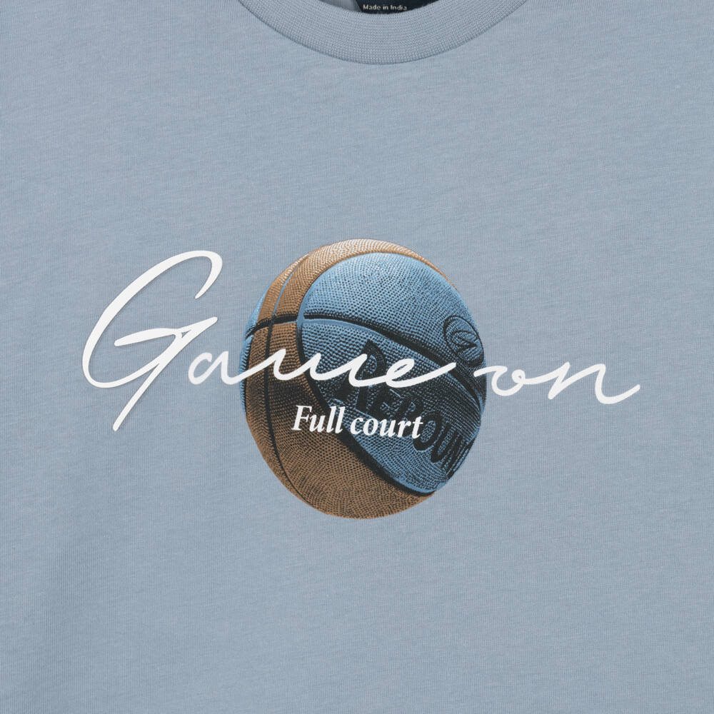 Mayoral Нукутаваке-Boys Blue Cotton Top with Basketball Graphic | Childrensalon