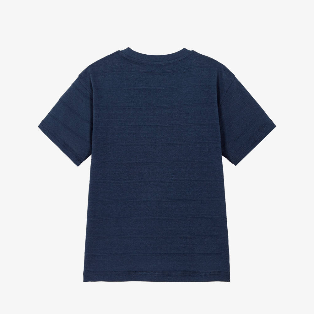 Mayoral Nukutavake-Boys Blue Fine Knit T-Shirt with Textured Stripes | Childrensalon