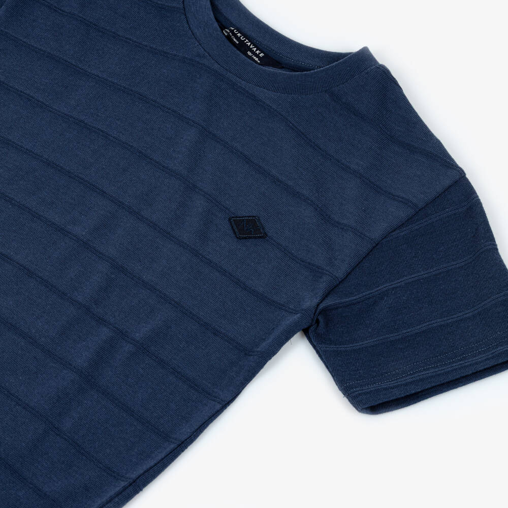 Mayoral Nukutavake-Boys Blue Fine Knit T-Shirt with Textured Stripes | Childrensalon