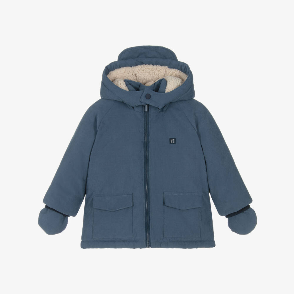 Mayoral-Boys Blue Fleece-Lined Hooded Coat with Mittens | Childrensalon