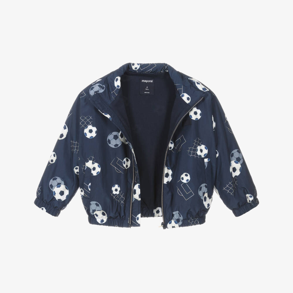 Mayoral-Boys Blue Football Print Hooded Windbreaker Jacket | Childrensalon