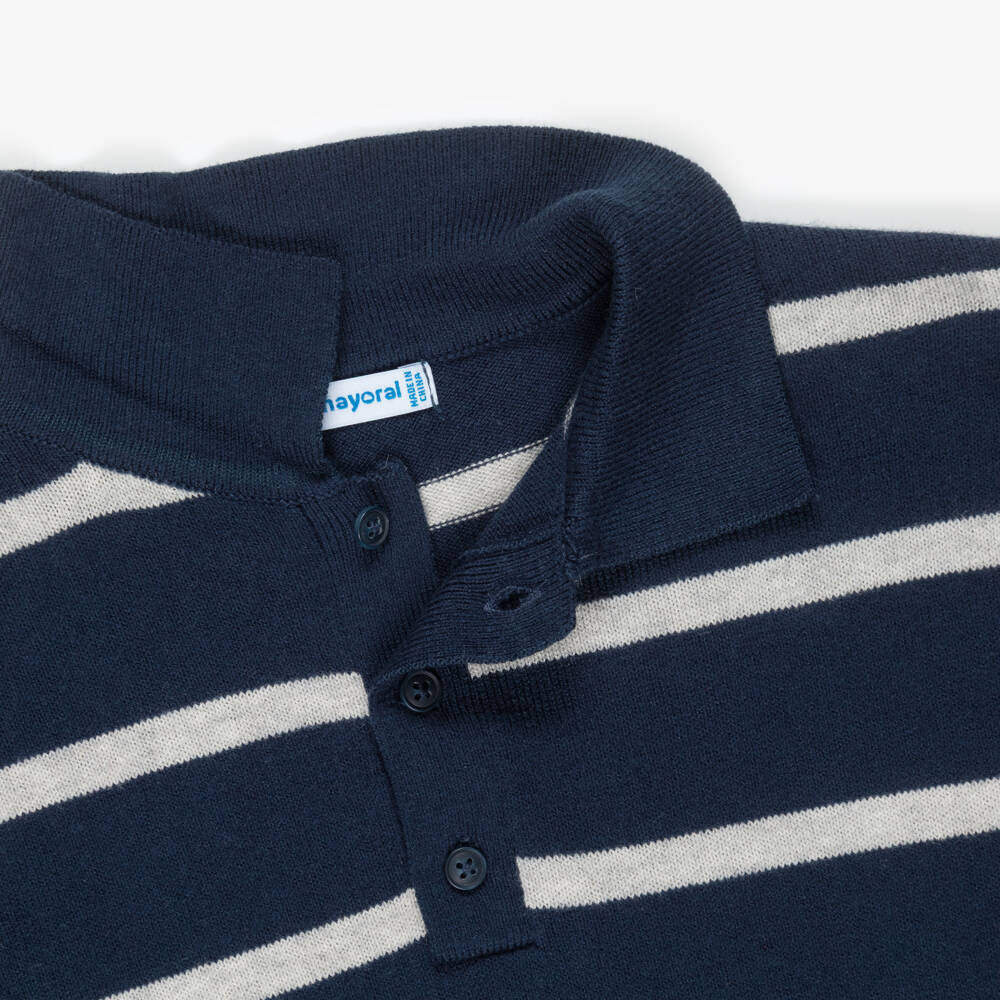 Mayoral-Boys Blue & Grey Stripe Knitted Polo Shirt | Childrensalon
