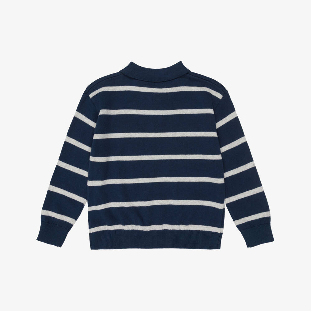 Mayoral-Boys Blue & Grey Stripe Knitted Polo Shirt | Childrensalon