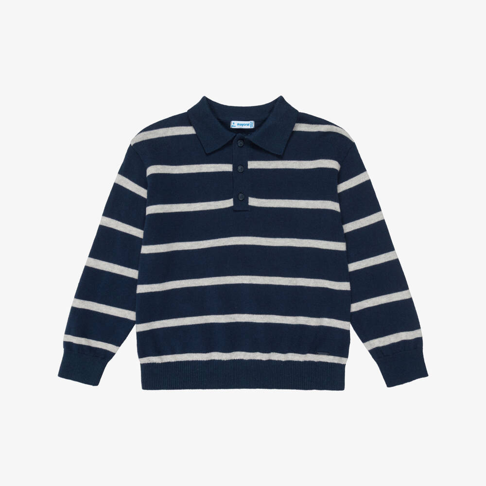 Mayoral-Boys Blue & Grey Stripe Knitted Polo Shirt | Childrensalon