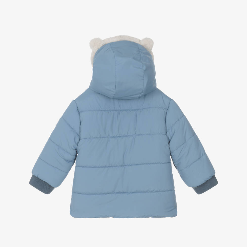 Mayoral-Boys Blue Hooded Puffer Coat with Faux Fur 3D Ears | Childrensalon