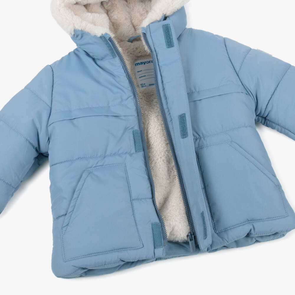 Mayoral-Boys Blue Hooded Puffer Coat with Faux Fur 3D Ears | Childrensalon