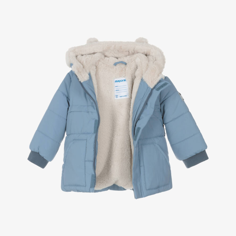 Mayoral-Boys Blue Hooded Puffer Coat with Faux Fur 3D Ears | Childrensalon