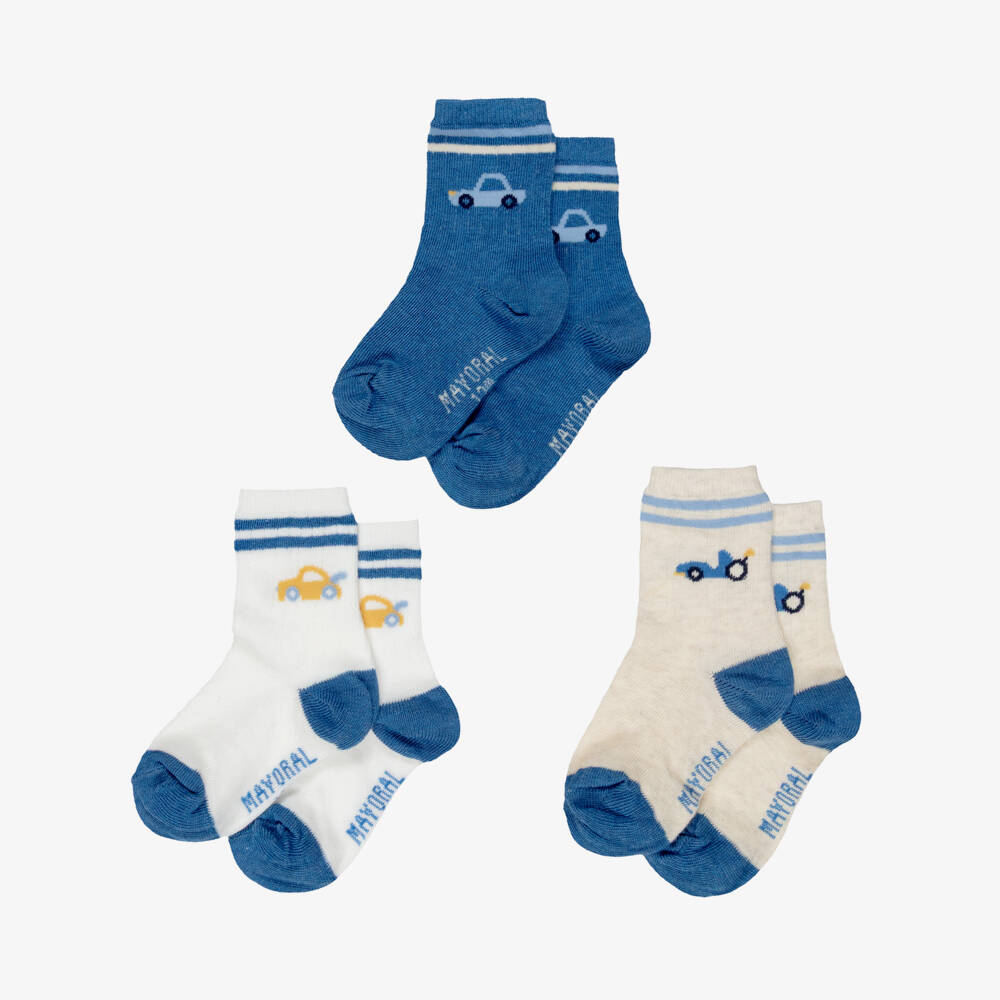 Mayoral-Boys Blue & Ivory Cars Socks (3 Pack) | Childrensalon