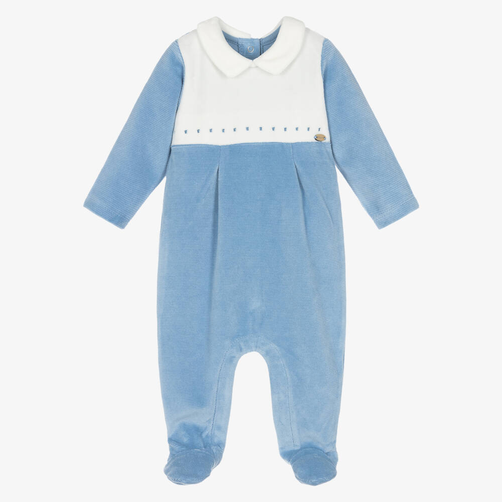 Mayoral Newborn-Boys Blue & Ivory Ribbed Velour Babygrow | Childrensalon