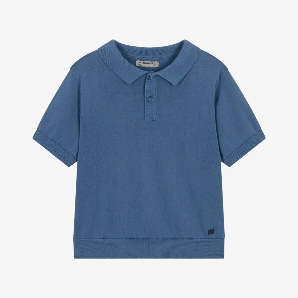 Mayoral-Boys Blue Knitted Cotton Polo Shirt | Childrensalon