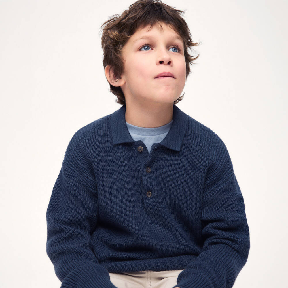 Mayoral Нукутаваке-Boys Blue Knitted Sweater with Polo Collar | Childrensalon