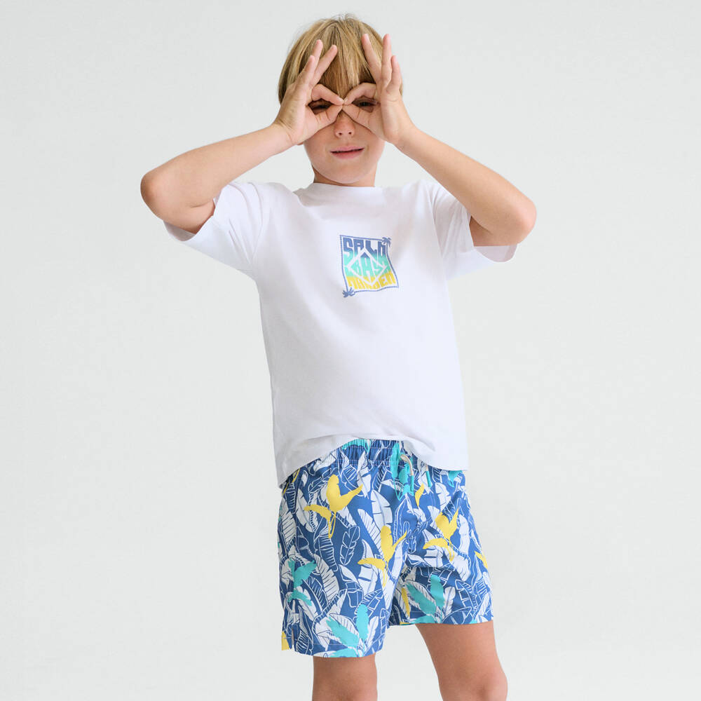 Mayoral Nukutavake-Boys Blue Leaf Print Swim Shorts | Childrensalon