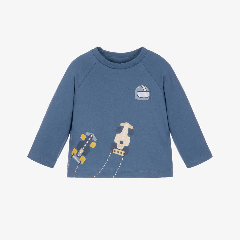 Mayoral-Boys Blue Long-Sleeved Top with Racing Car Print | Childrensalon