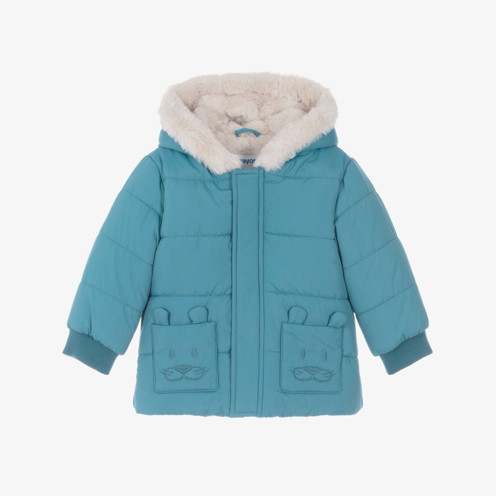Mayoral-Boys Blue Puffer Coat with Faux Fur Lining | Childrensalon