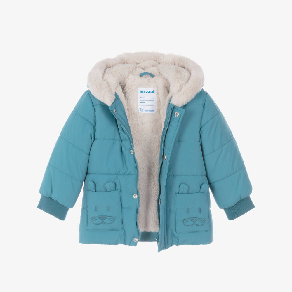 Mayoral-Boys Blue Puffer Coat with Faux Fur Lining | Childrensalon