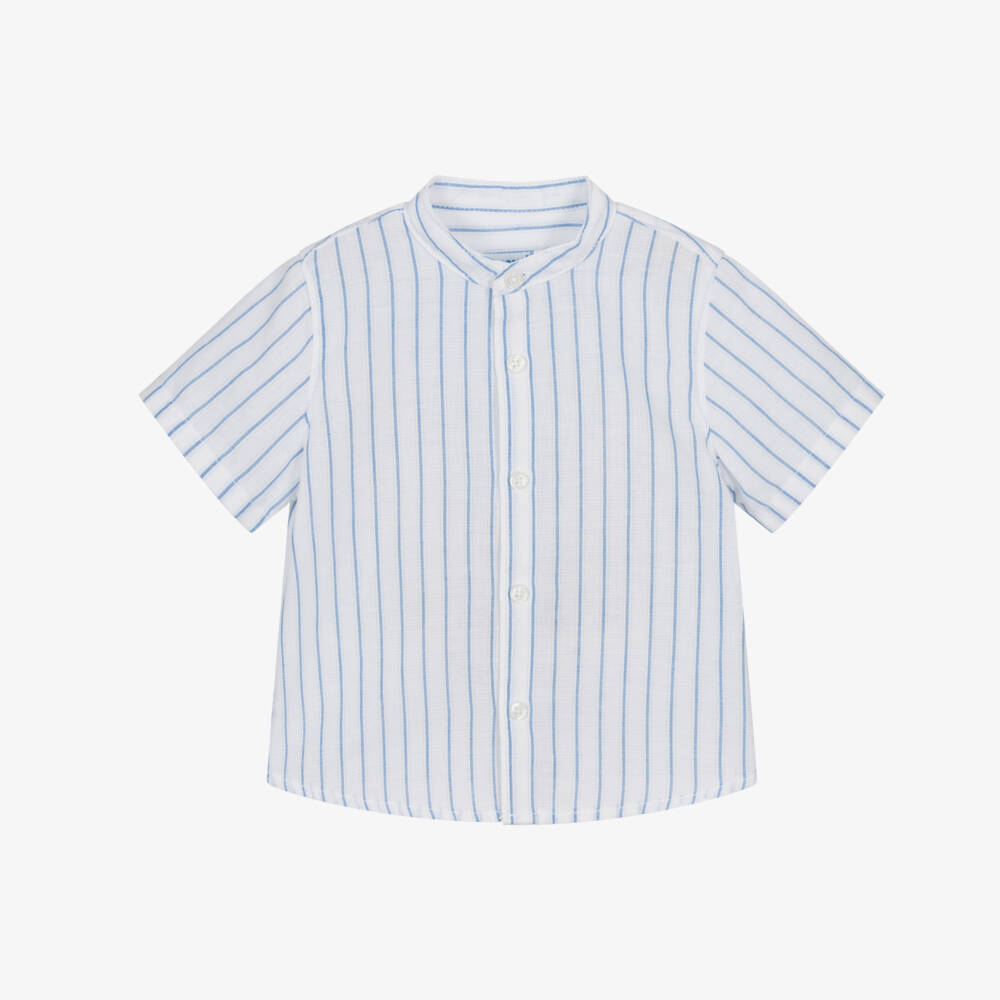 Mayoral-Boys Blue Striped Cotton Collarless Shirt with Short Sleeves | Childrensalon