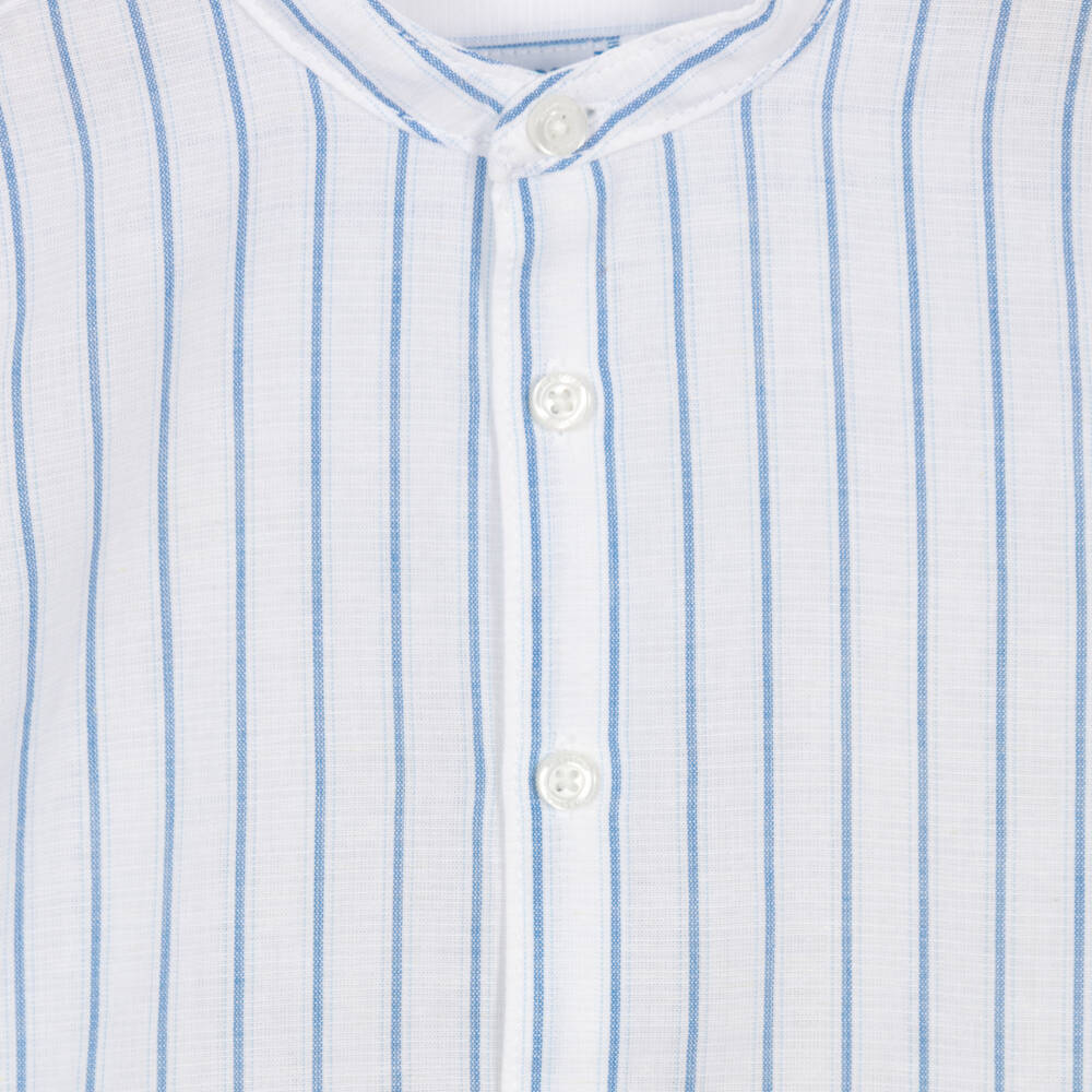 Mayoral-Boys Blue Striped Cotton Collarless Shirt with Short Sleeves | Childrensalon
