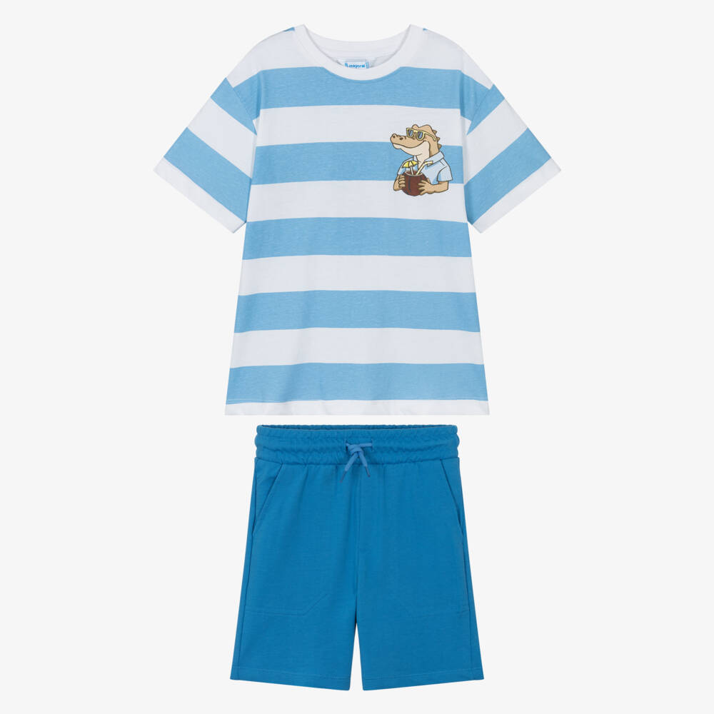 Mayoral-Boys Blue Striped Cotton Shorts Set | Childrensalon