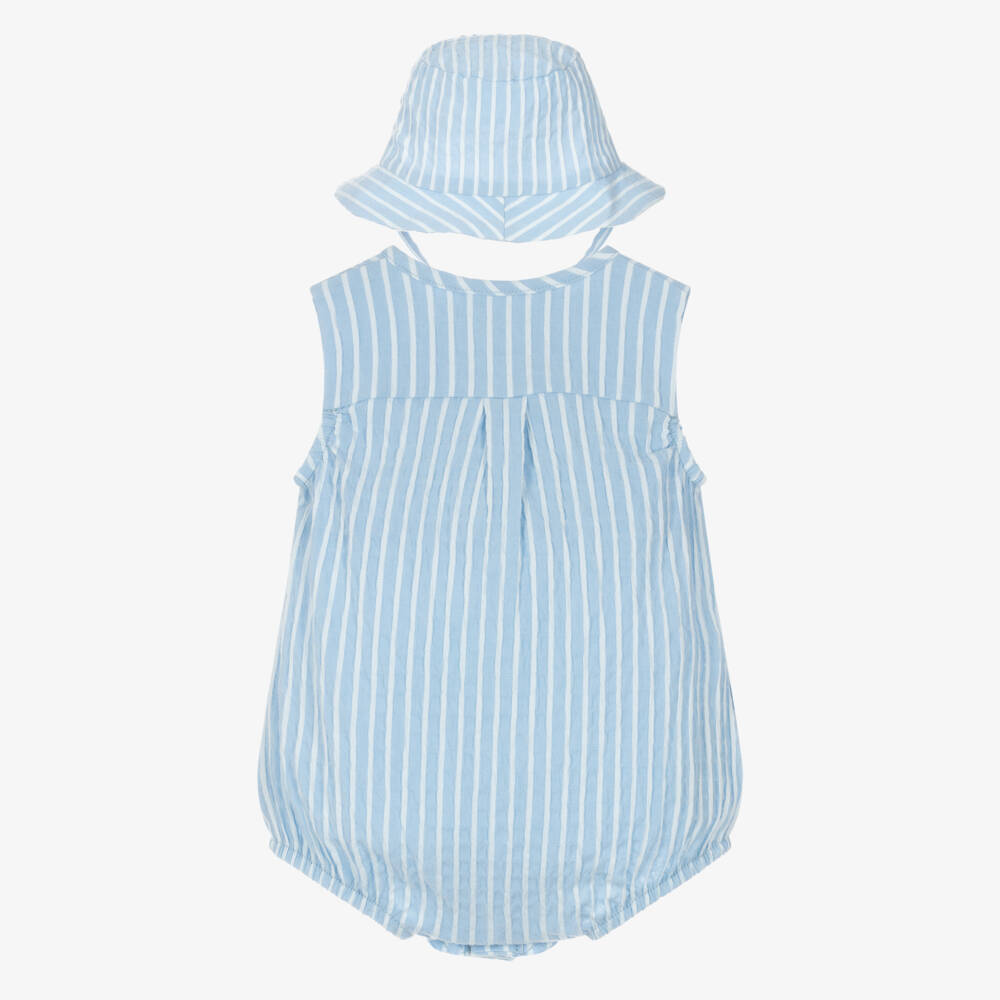 Mayoral Newborn-Boys Blue Striped Seersucker Babysuit Set | Childrensalon
