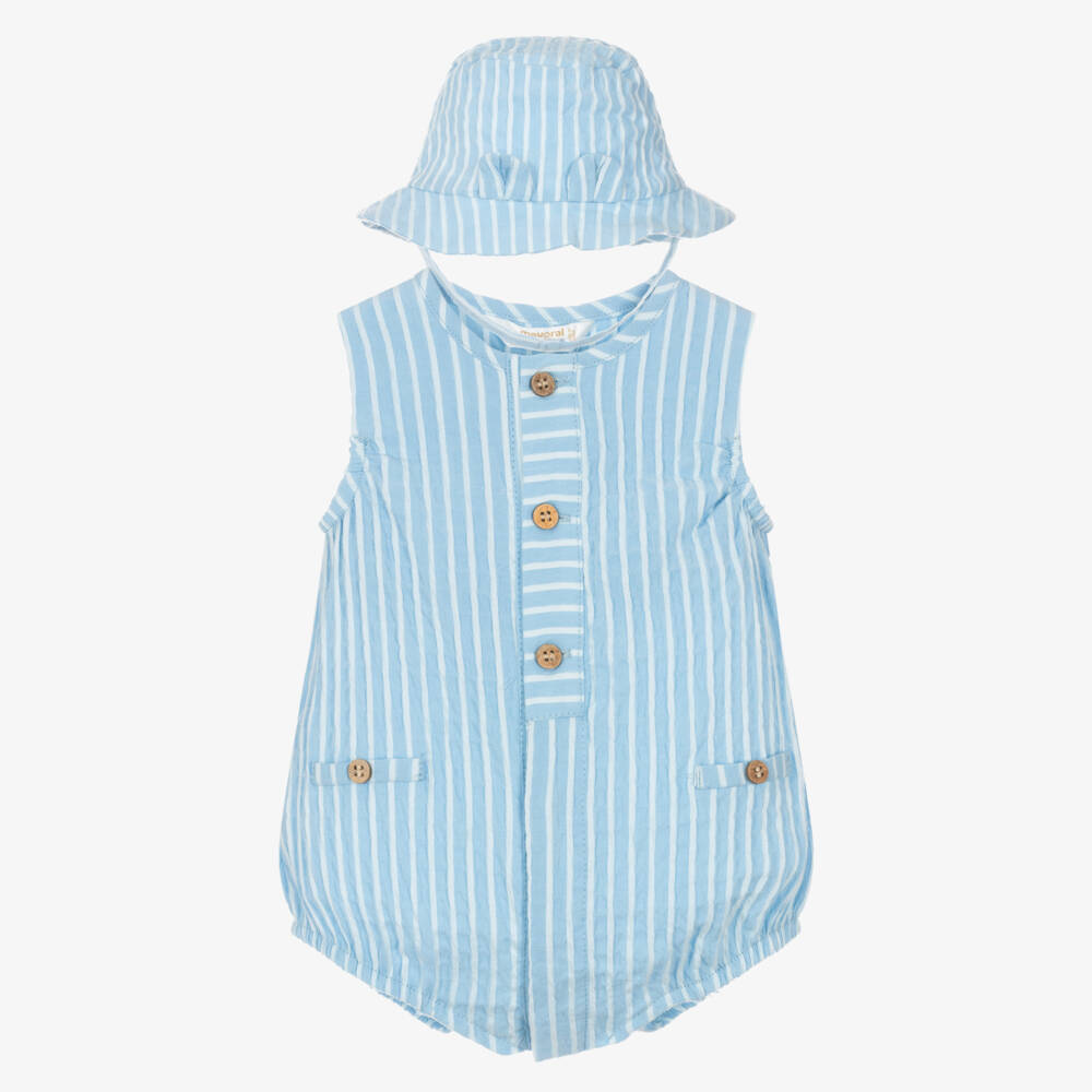 Mayoral Newborn-Boys Blue Striped Seersucker Babysuit Set | Childrensalon