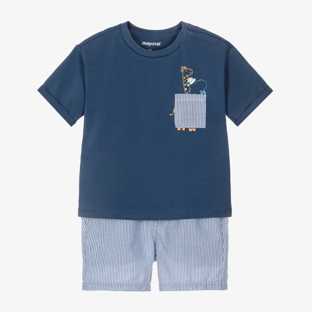 Mayoral-Boys Blue T-Shirt & Striped Shorts Set | Childrensalon