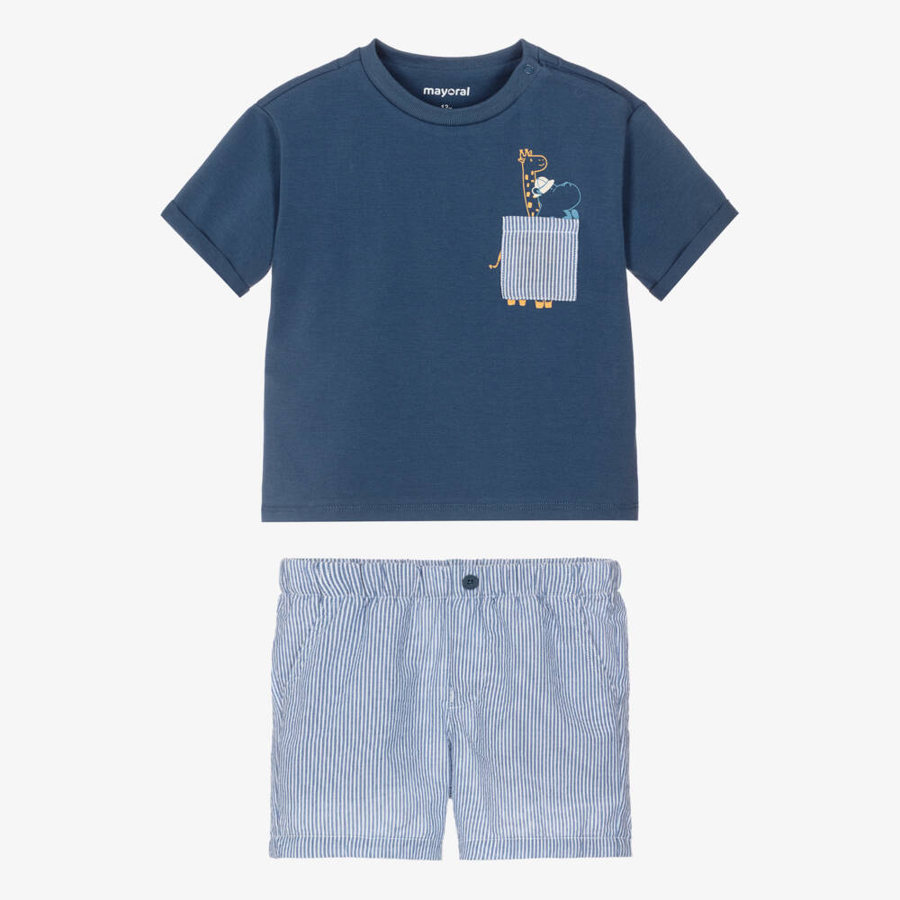 Mayoral-Boys Blue T-Shirt & Striped Shorts Set | Childrensalon