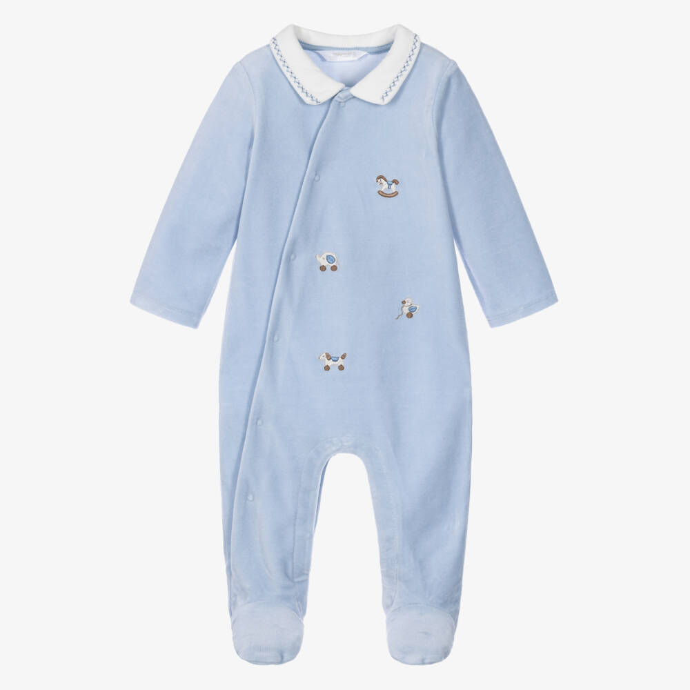 Mayoral Newborn-Boys Blue Velour Babygrow with Embroidered Toys | Childrensalon