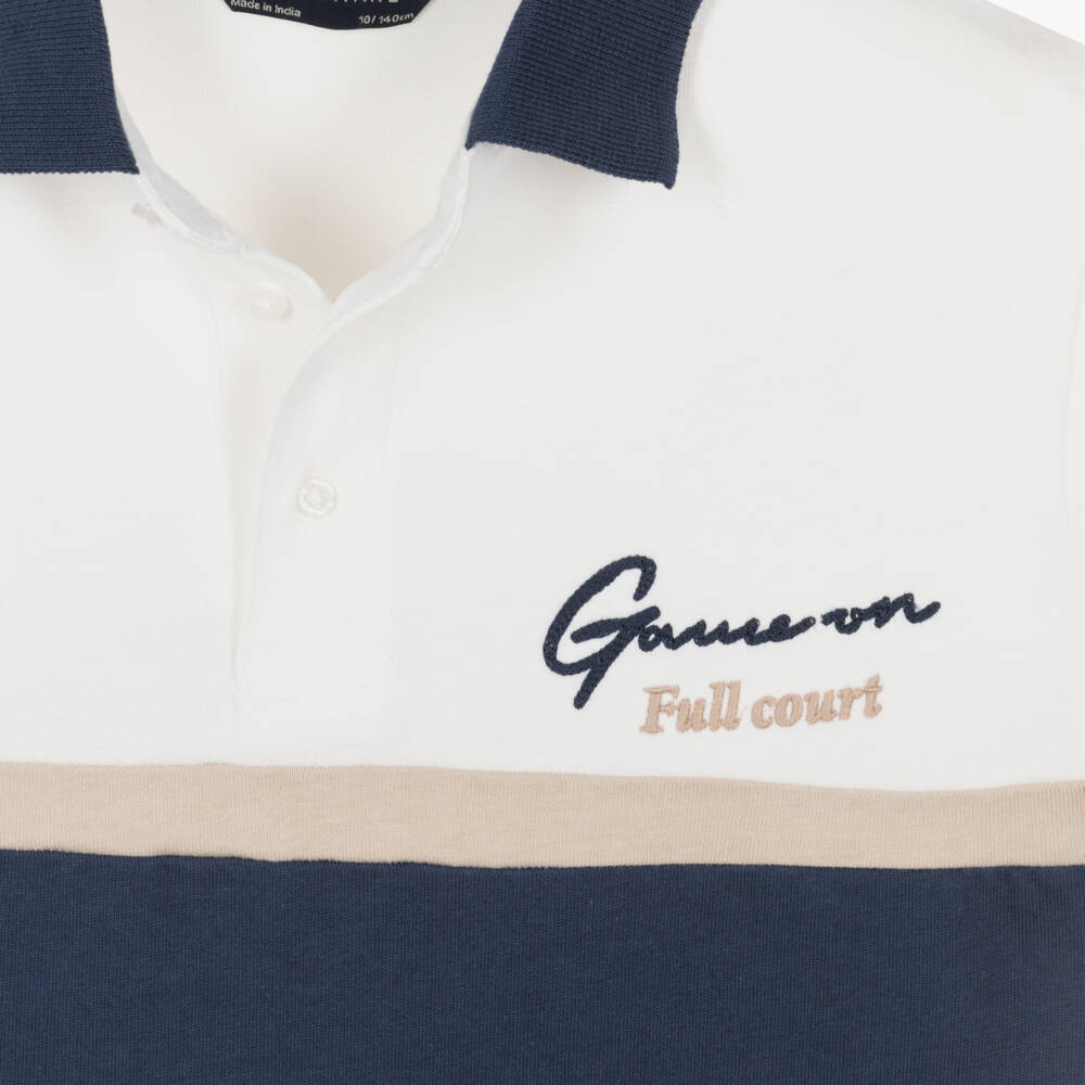 Mayoral Nukutavake-Boys Blue & White Cotton Polo Top with Embroidered Slogan | Childrensalon