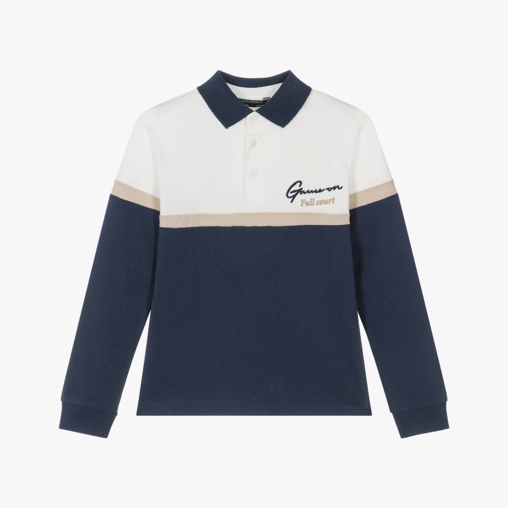 Mayoral Nukutavake-Boys Blue & White Cotton Polo Top with Embroidered Slogan | Childrensalon