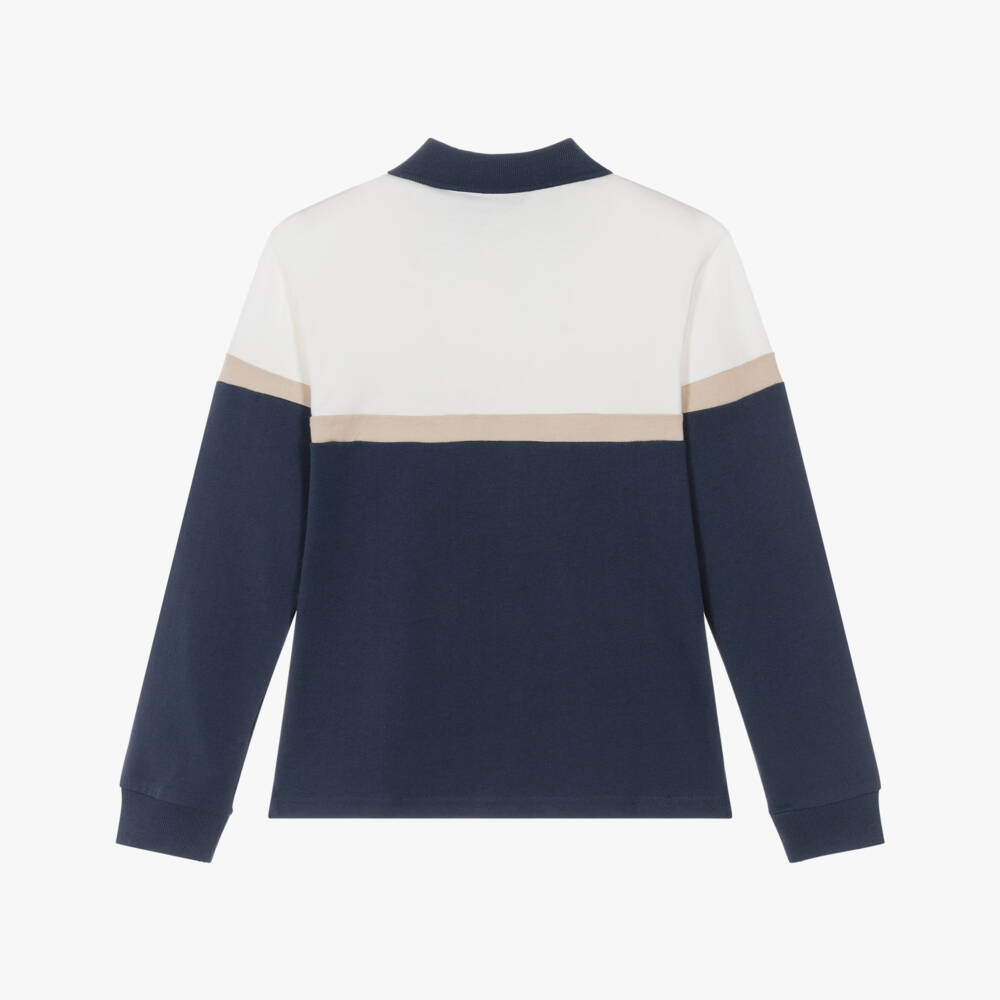 Mayoral Nukutavake-Boys Blue & White Cotton Polo Top with Embroidered Slogan | Childrensalon