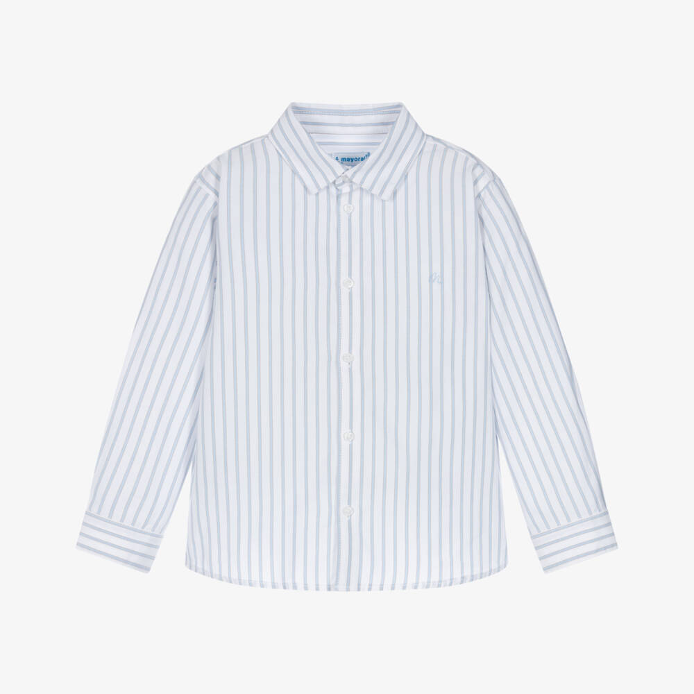 Mayoral-Boys Blue & White Stripe Cotton Twill Shirt | Childrensalon