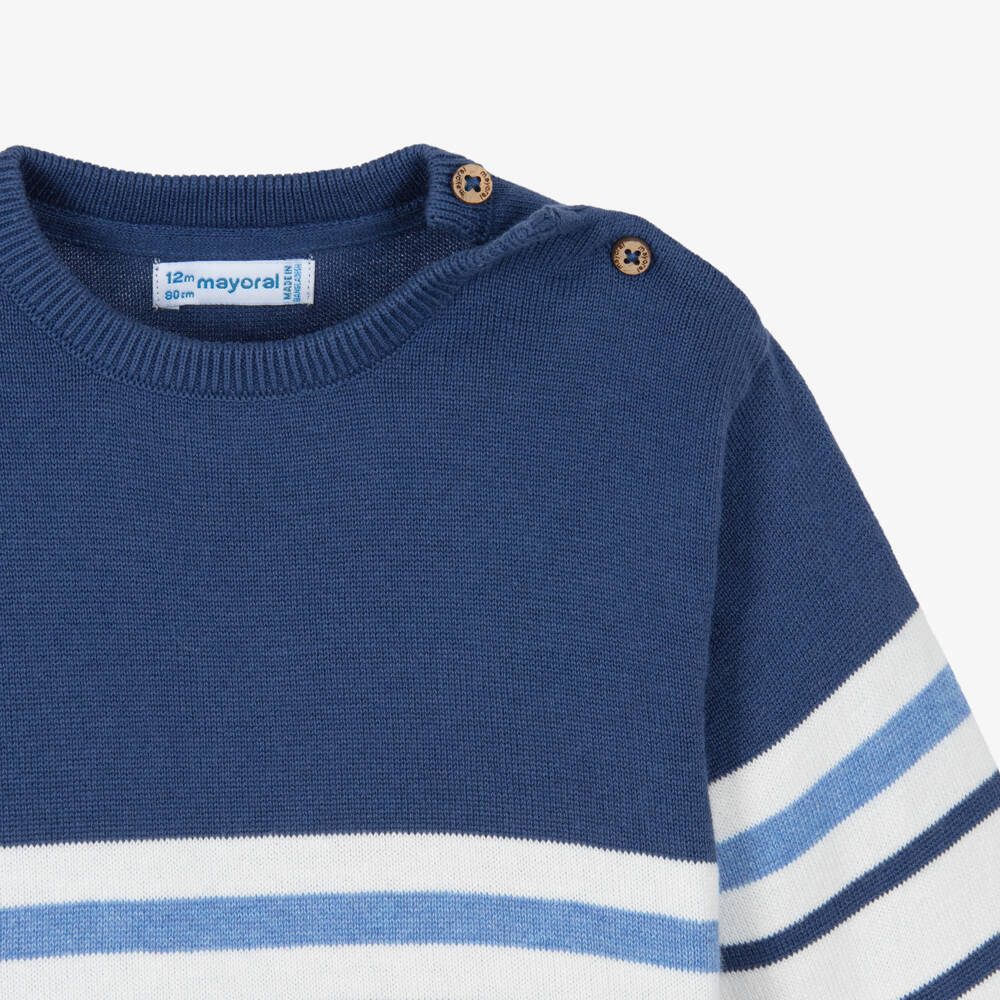 Mayoral-Boys Blue & White Striped Cotton Knit Sweater | Childrensalon