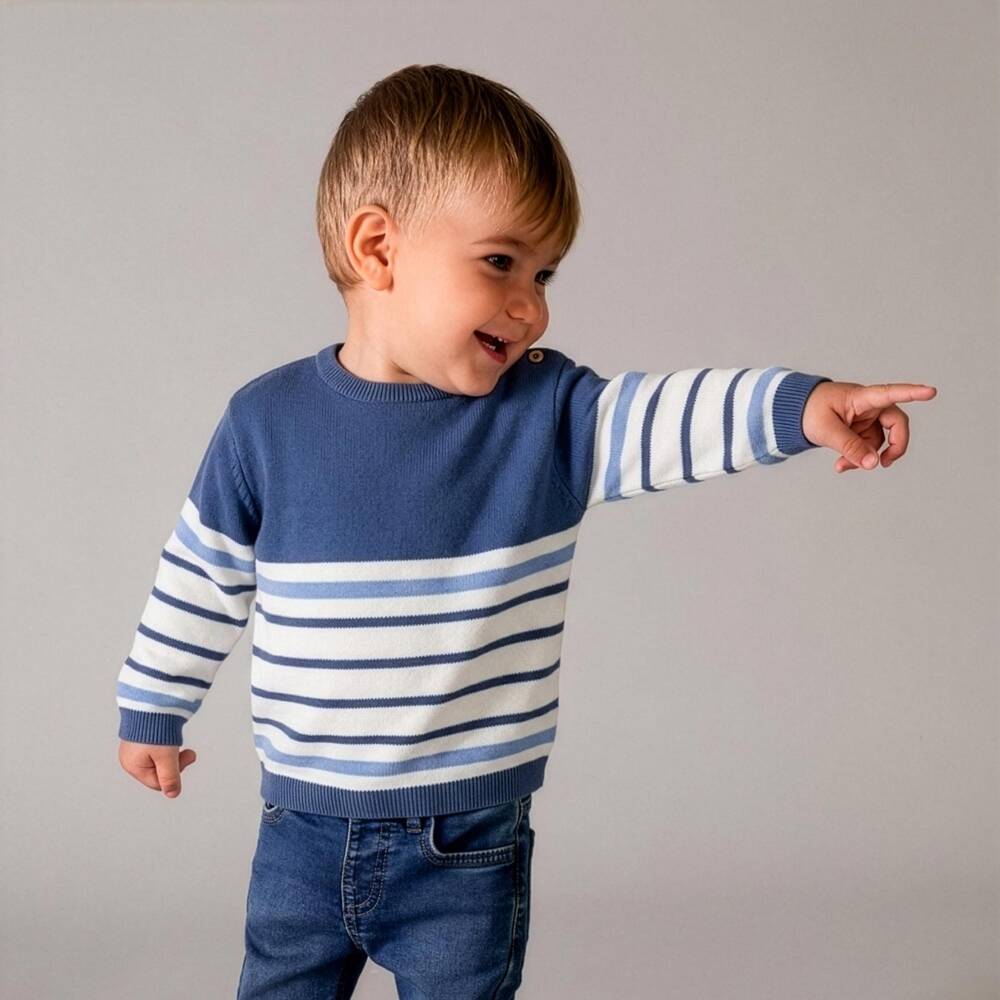 Mayoral-Boys Blue & White Striped Cotton Knit Sweater | Childrensalon