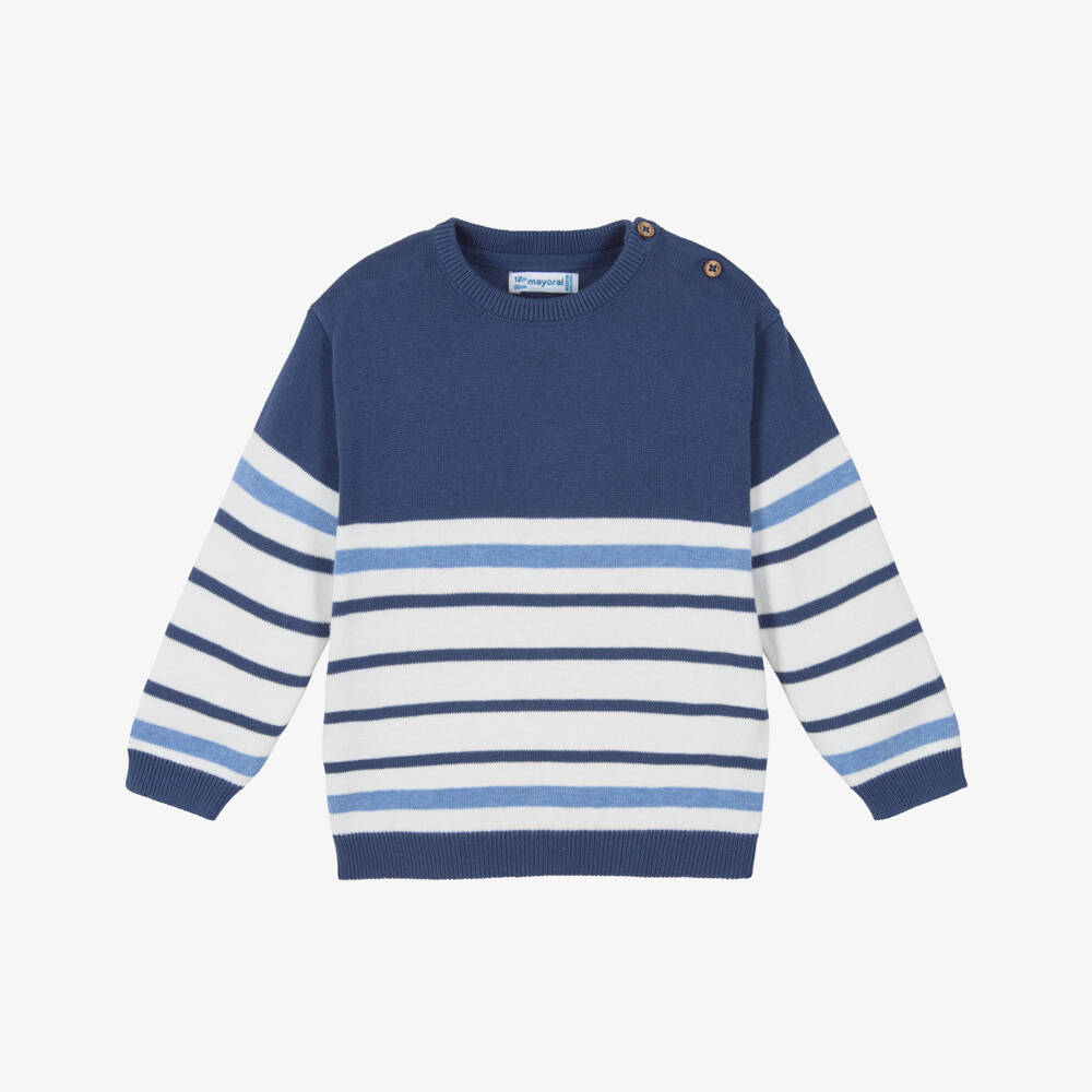 Mayoral-Boys Blue & White Striped Cotton Knit Sweater | Childrensalon