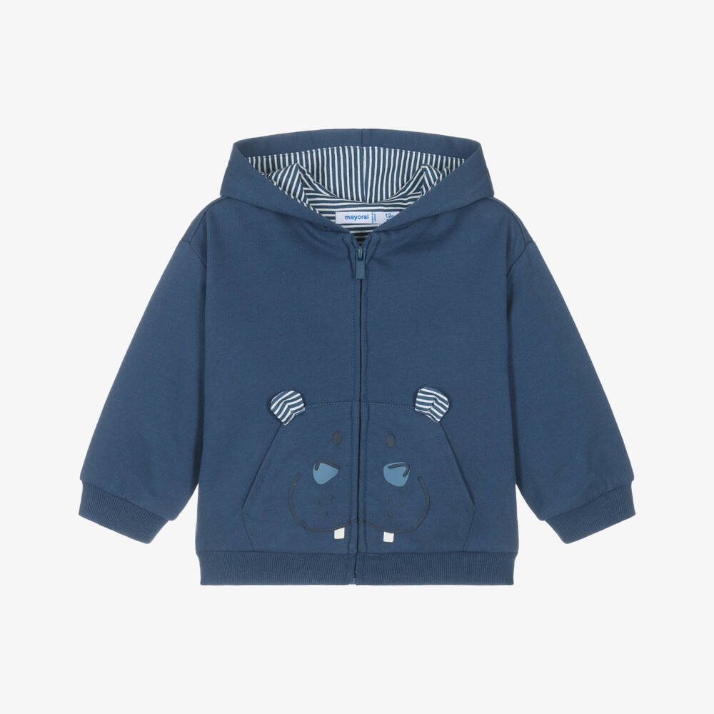 Mayoral-Boys Blue Zip-Up Hooded Top with Hippo Motif | Childrensalon