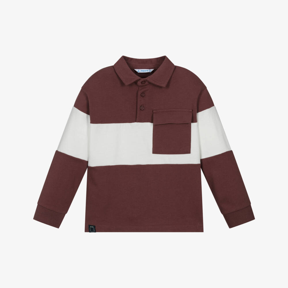 Mayoral-Boys Burgundy Red & Ivory Cotton Long-Sleeved Polo Shirt | Childrensalon