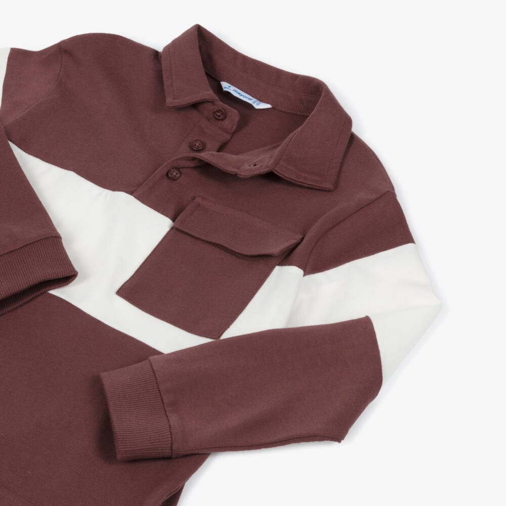Mayoral-Boys Burgundy Red & Ivory Cotton Long-Sleeved Polo Shirt | Childrensalon