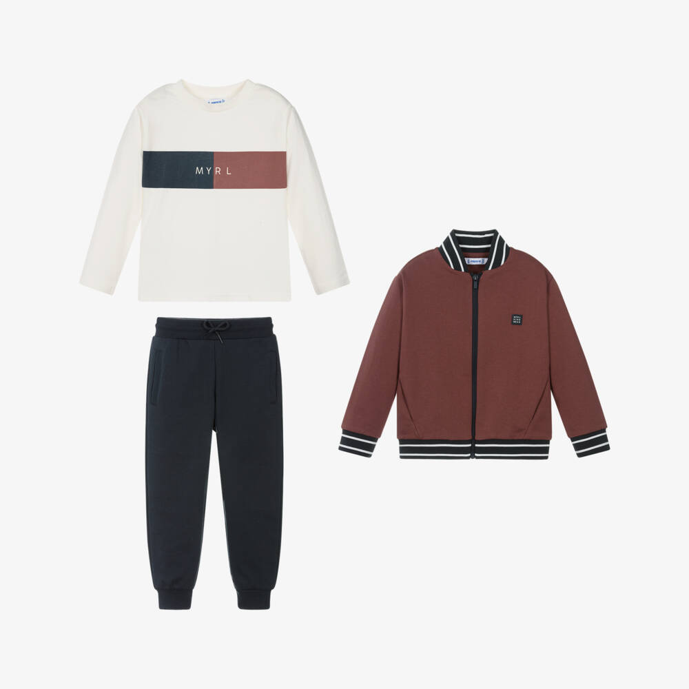 Mayoral-Boys Burgundy Red & Navy Blue 3 Piece Cotton Tracksuit | Childrensalon
