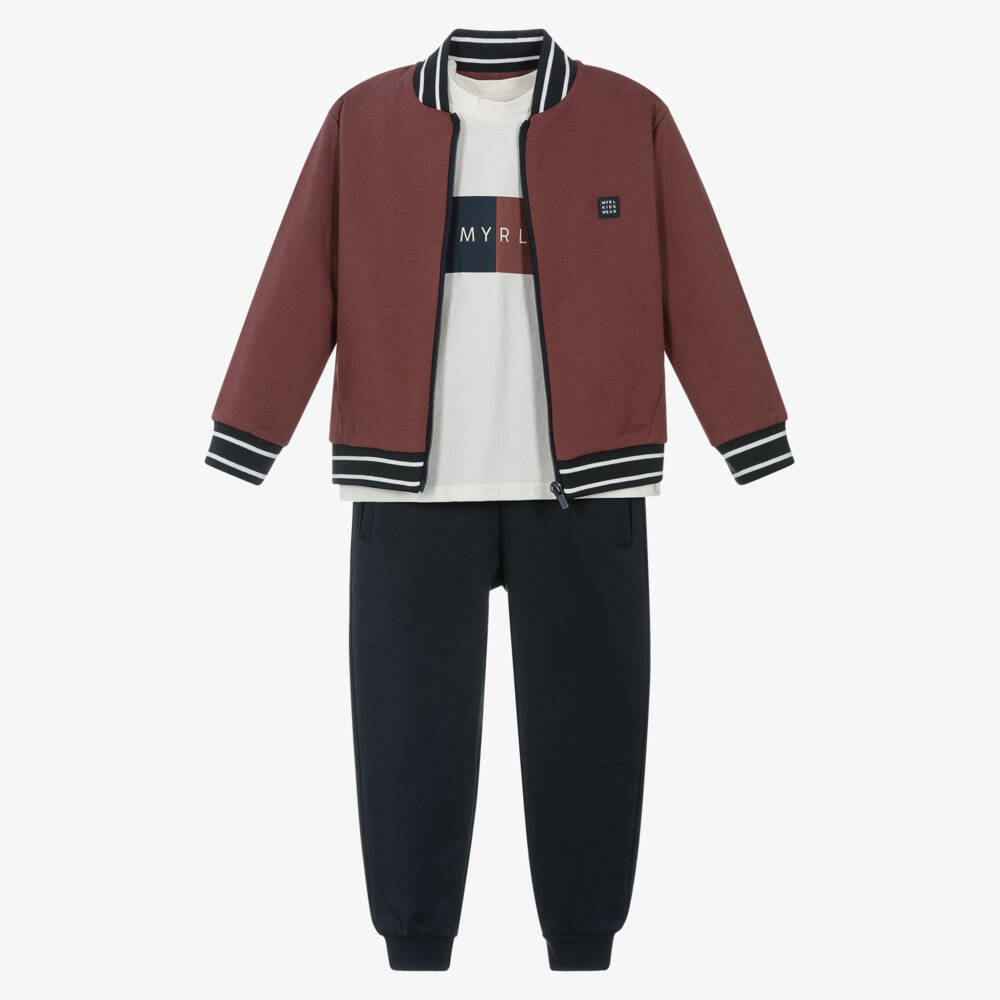 Mayoral-Boys Burgundy Red & Navy Blue 3 Piece Cotton Tracksuit | Childrensalon
