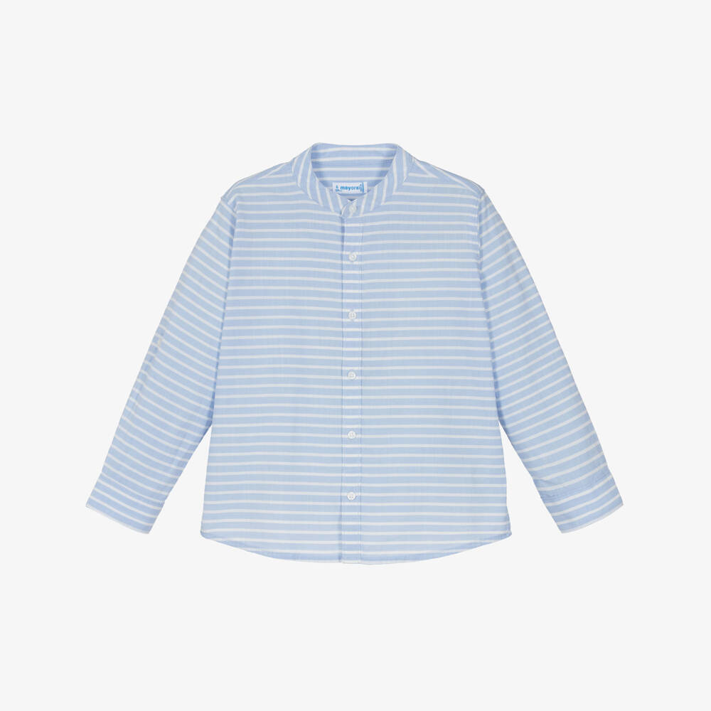 Mayoral-Boys Cotton Shirt with Blue & White Stripes | Childrensalon