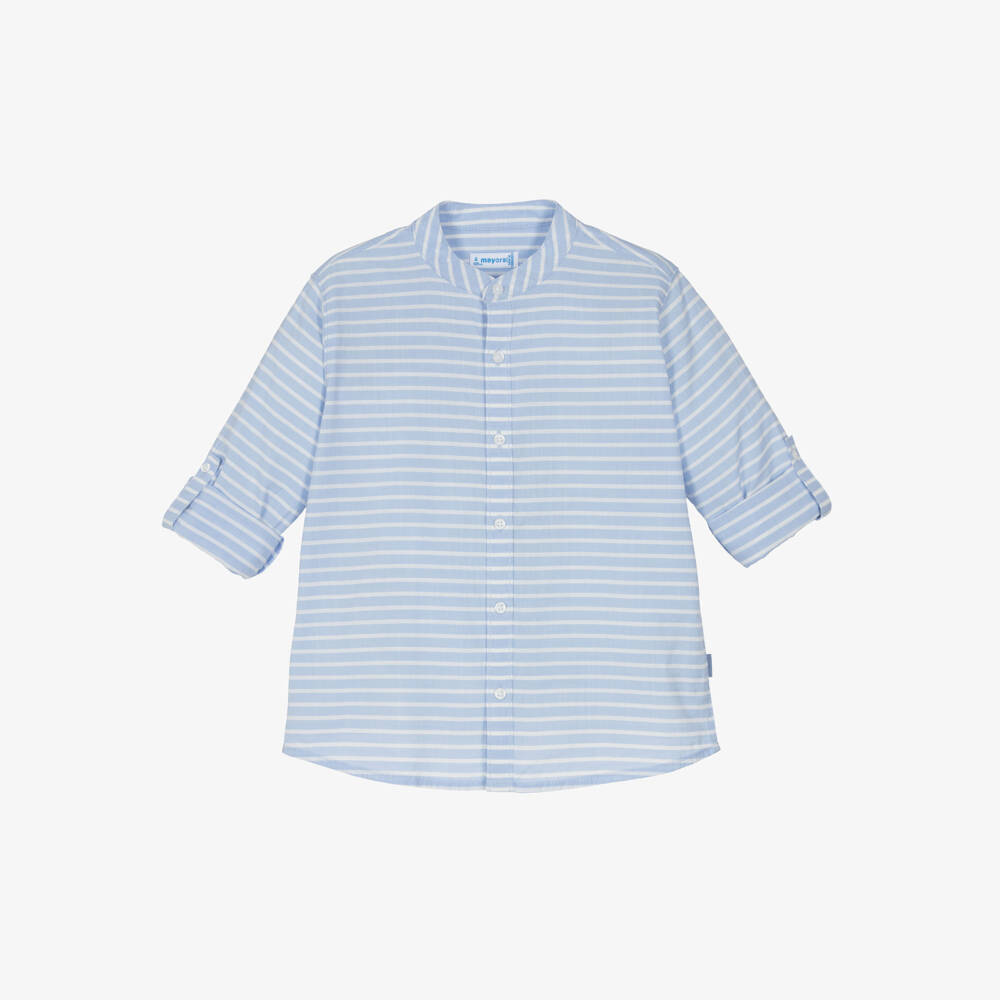 Mayoral-Boys Cotton Shirt with Blue & White Stripes | Childrensalon